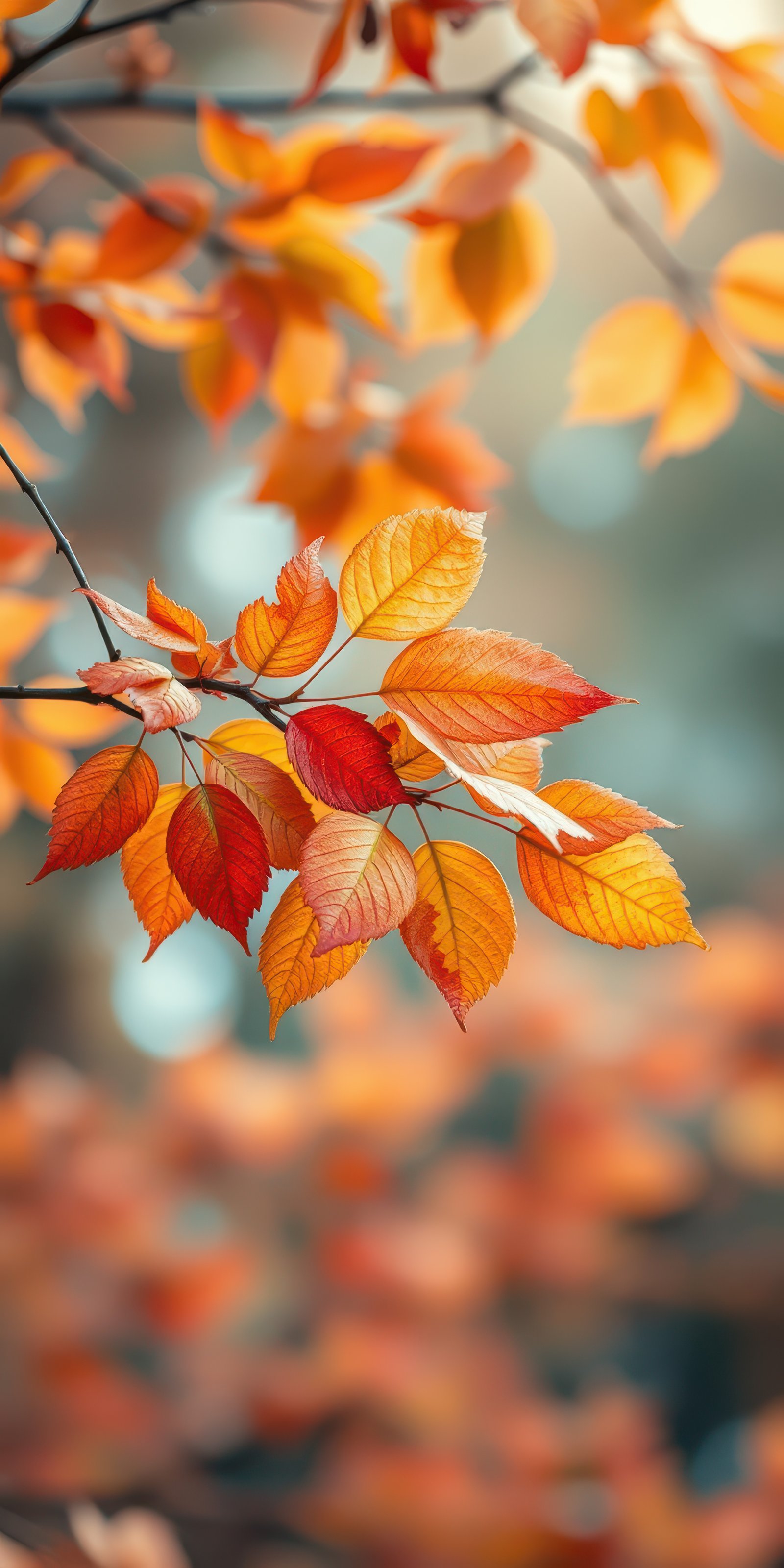 Vibrant autumn leaves in warm shades of orange and red highlighting the beauty of fall in a serene forest setting